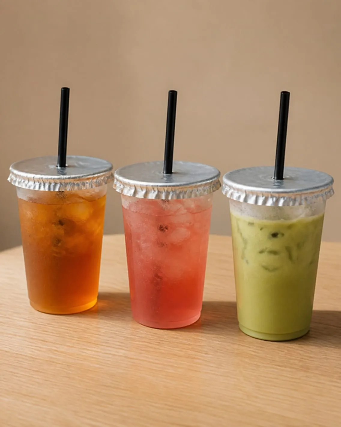 Tres bebidas de distintos colores, cada una con su tapa de aluminio SaftyCaps y su popote